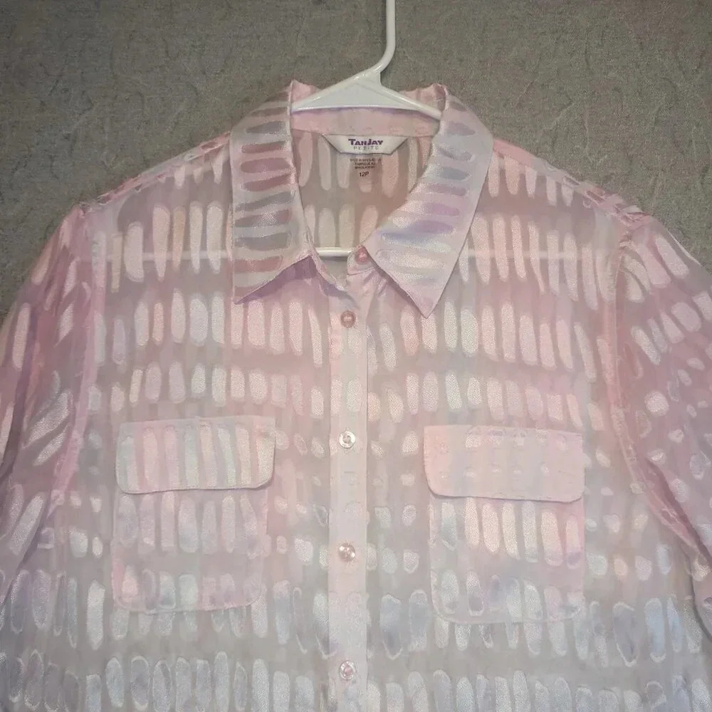 Tan Jay Women's Petite Pink Sheer Long  Sleeve Button Down Blouse Size 12P - Picture 2 of 10